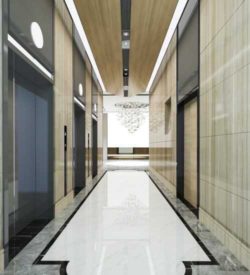 modern steel elevator lift lobby in business hotel with luxury design